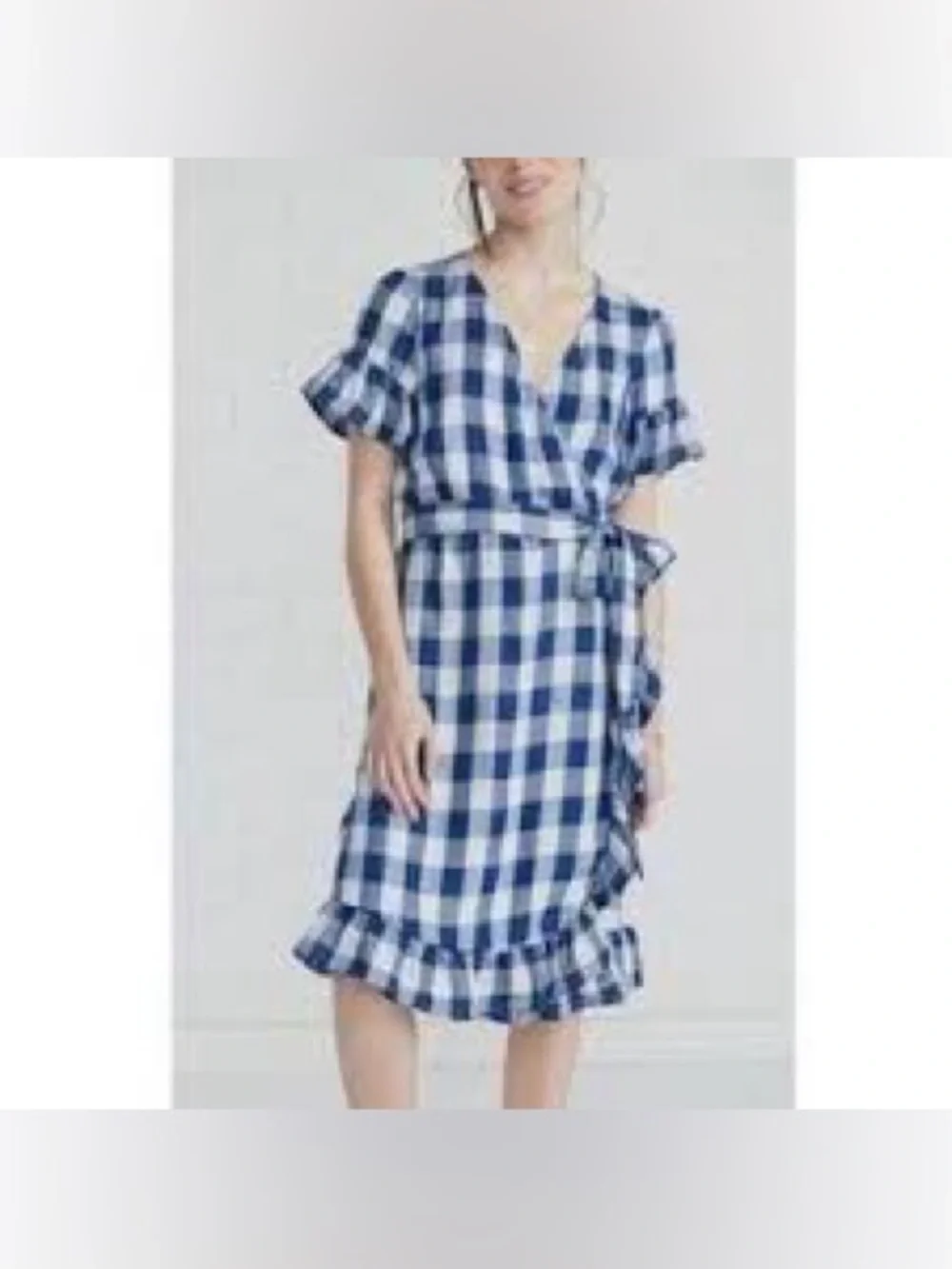 Amour Vert - Blue & White Gingham‎ Print Ruffled Wrap Dress Sz xs